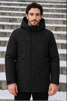 Erkek Siyah Polarlı Su Ve Rüzgar Geçirmez Kapüşonlu Kışlık Mont & Kaban & Parka ürün fotoğrafı