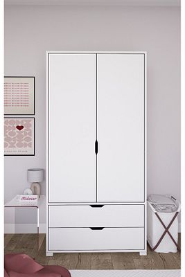 90 Cm Mat Beyaz 2 Kapılı 2 Çekmeceli Elbise Dolabı - Gardırop ürün fotoğrafı