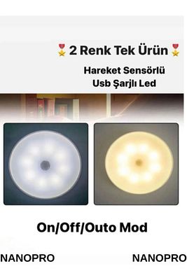 Hareket Sensörlü Usb Şarjlı Beyaz Sarı Çift Renk Led Işık Lamba (SENSÖRLÜ) ürün fotoğrafı