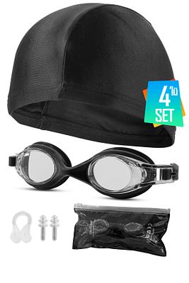 4lü Set Yüzücü Gözlüğü Kılıflı Kulak Burun Tıkaçlı Kumaş Bone Set Yüzme Havuz Deniz Gözlüğü Siyah ürün fotoğrafı