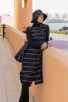 Kadın Siyah Çizgili Tam Kapalı Tesettür Mayo 2'li Set ürün fotoğrafı