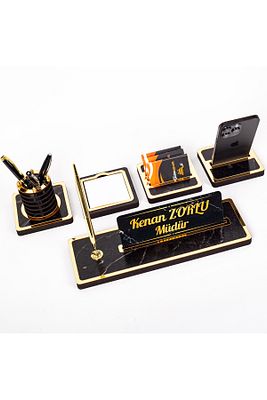 Mermer Desenli 5 Parça Ahşap Masa İsimliği Ofis Hediyesi İsimlik ürün fotoğrafı