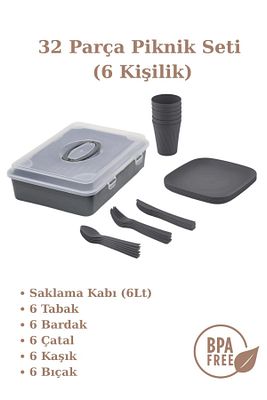 Piknik Seti 32 Parça 6 Kişilik Bardak Çatal Kaşık Tabak 1500 Mürdüm Ve Antri ürün fotoğrafı