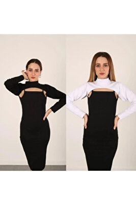 Dik Yaka 2 Li Siyah Beyaz Boyunluklu Kolluk Penye Pamuk Kadın Tesettür Boyunluk ürün fotoğrafı