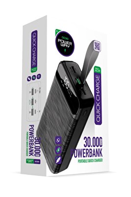 30.000 mAh PD 22.5 W Hızlı Şarj Gerçek 30.000 mAh Garantili Led Fener Dijital QC30 Siyah Powerbank ürün fotoğrafı