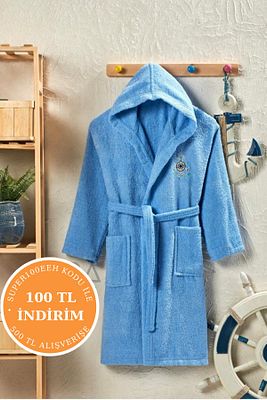 Kapüşonlu Ve Kemerli Mavi Pamuklu Erkek,kız Genç Çocuk Bornozu(KAPÜŞONLI,DÜMEN NAKIŞLI,YUMUŞAK) ürün fotoğrafı