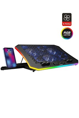 Ad-rc34 Metafor Rgb 6 Fanlı Telefon Tutuculu Rgb 10-19inç Notebook Soğutucu Stand-siyah ürün fotoğrafı