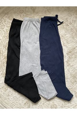 3'lü Siyah - Gri - Füme Kadın Fitilli Rahat Pantolon & Eşofman, Gündelik Rahat Ev Giyim Pijama ürün fotoğrafı