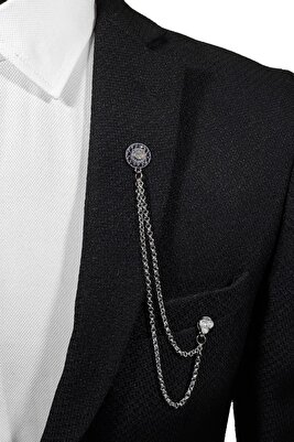 Lacivert Taş Detaylı Yuvarlak Formda Metal Ceket Yaka Iğnesi Yaka Zinciri ürün fotoğrafı