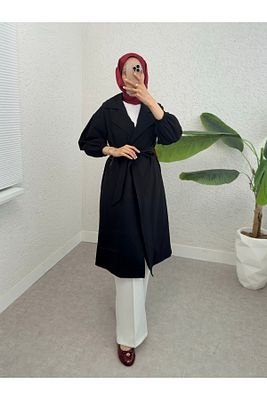 Kolu Lastikli Kemerli Astarlı Trençkot -siyah ürün fotoğrafı
