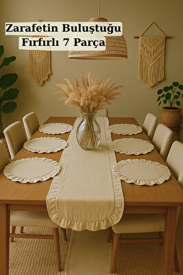 Fırfırlı Keten Runner &amp; 6'lı Fıfırlı Supla Seti - 7 Parça Çeyiz Seti ürün fotoğrafı