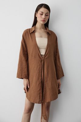 Kahve Flam Keten Kimono Gömlek ürün fotoğrafı