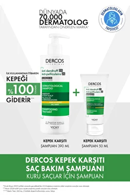 Dercos Şampuan Seti: Kepek Karşıtı Kuru Saçlar İçin Şampuan 390 ml & 50 ml Şampuan ürün fotoğrafı