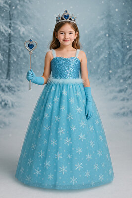 Karlar Ülkesi Frozen Elsa Askılı Tarlatanlı Kostüm Mavi Kız Çocuk Elbise Taç Asa Eldiven ürün fotoğrafı