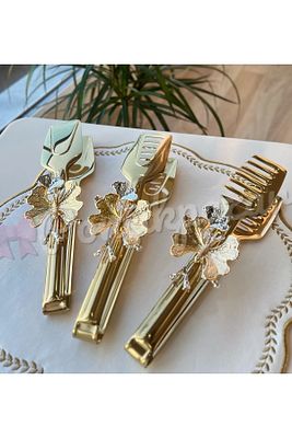 Fiyakalı Kelebekli Gold Maşa,salata,makarna Ve Pasta Sunum Maşası, Paslanmaz Çelik Yemek Maşa Seti ürün fotoğrafı
