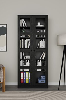 Lucas Cam Kapaklı Vitrin - Büfe - Kitaplık ve Çok Amaçlı Dolap ( AYARLANABİLİR RAF ) - Siyah ürün fotoğrafı