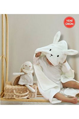 Ekstra Yumuşak Pamuklu Kız-erkek Yenidoğan/bebek Banyo Kundak Havlusu Ekru/tavşan ürün fotoğrafı