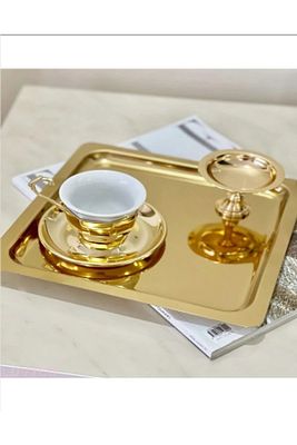6 Adet Parlak Tek Taraflı Gold Altın Kare Paslanmaz Çelik Kahve Servis Sunum Tepsi (21X21CM) T ürün fotoğrafı