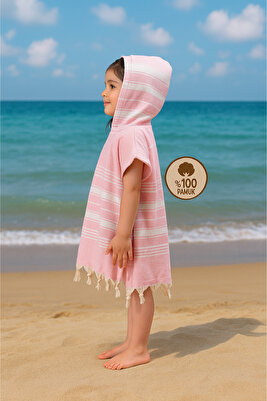 Çocuk Bornoz Panço %100 Pamuk Plaj Havlusu Peştemal Pembe ürün fotoğrafı