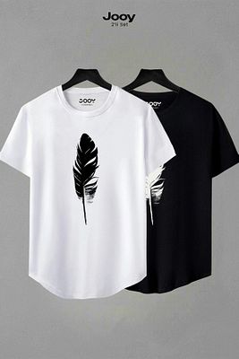 Unisex Siyah Beyaz Oval Kesim Tüy Tasarım Tshirt Ikili Set ürün fotoğrafı