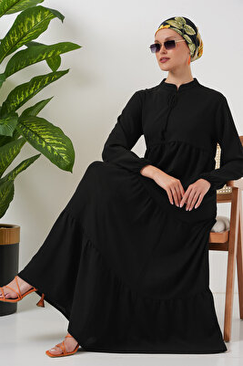 1627 Yaka Bağcıklı Tesettür Elbise - Siyah ürün fotoğrafı