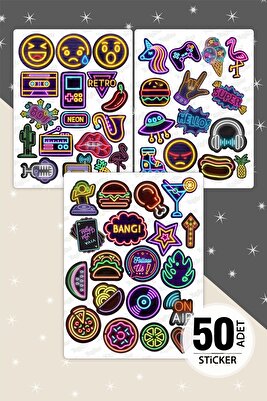 Neon Sticker Seti, 50 Adet Neon Sticker, Neon Temalı Retro Etiket ürün fotoğrafı