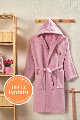 Kapüşonlu Pamuklu Genç Çocuk Bornoz - 13-18 Yaş Unisex | Pembe - Kelebek Nakışlı ürün fotoğrafı