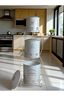 3 Katlı Ferforje Lüx Patates Soğan Sarımsak Kovası Beyaz ürün fotoğrafı