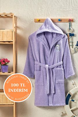 Kapüşonlu Pamuklu Genç Çocuk Bornoz - 13-18 Yaş Unisex | Lila - Yunus Nakışlı ürün fotoğrafı