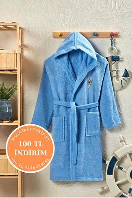 Kapüşonlu Pamuklu Genç Çocuk Bornoz - 13-18 Yaş Unisex | Mavi - Dümen Nakışlı ürün fotoğrafı