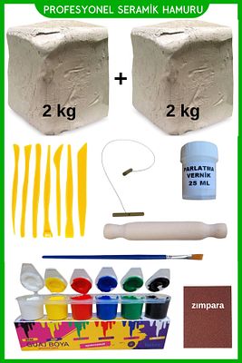 Seramik Hamuru 4000 Gr, 7li Plastik Ebeşuar (MODELAJ SETİ), Kesme Teli-ipi, Guaj, Doğal Kil Çamuru ürün fotoğrafı