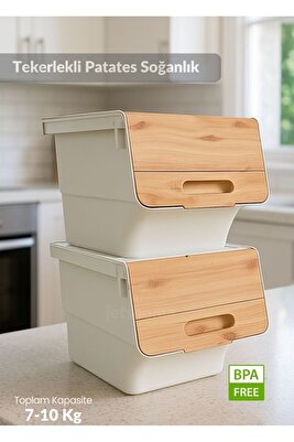 2’li Bambu Tekerlekli Sebzelik Patates Soğan Sepeti Şık Organizer Patateslik Soğanlık Kutu 24 L ürün fotoğrafı