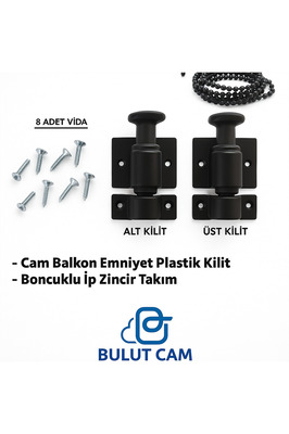 Cam Balkon Kilidi | Emniyet Plastik Kilit | Boncuklu Ip Zincir Takım Seti | (SİYAH) ürün fotoğrafı