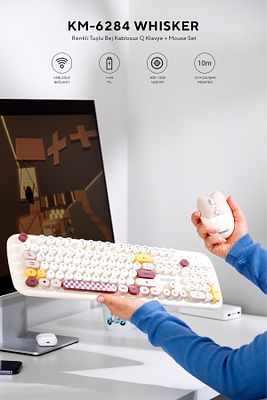 KM-6284 WHISKER Renkli Tuşlu Bej Kablosuz Q Klavye + Mouse Set ürün fotoğrafı