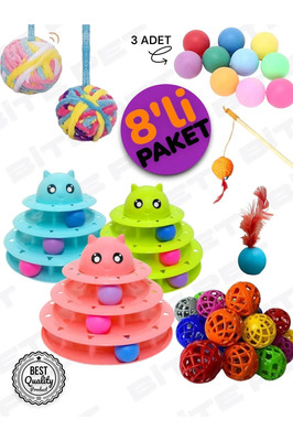 8'Lİ OYUN SETİ: 3 KATLI KEDİ OYUNCAĞI+TÜYLÜ TOP+KEDİ OLTASI+YUMAK TOP+ZİLLİ TOP+ 3 ADET OYUN TOPU ürün fotoğrafı