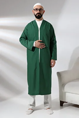 Yeşil Erkek Namaz Elbisesi V Yaka Düğmesiz Önü Açık Namaz Cübbesi ürün fotoğrafı