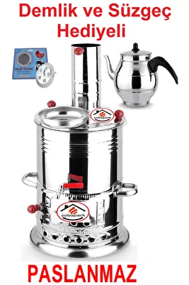Tek Musluklu Odunlu Kömürlü Çay Semaveri Odunlu Kömürlü Semaver - 5 Litre - Demlik 1 Litre ürün fotoğrafı