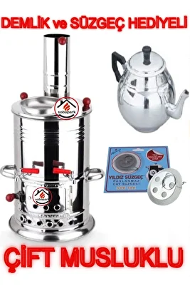 Çift Musluklu Odunlu Kömürlü Paslanmaz Semaver Kendinden Demlikli Semaver Semaver 5 Lt Demlik 1 Lt ürün fotoğrafı
