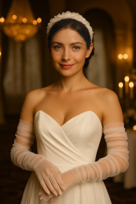 Uzun Beyaz Tül Gelinlik Eldiveni Nikah Eldiveni Imza Eldiveni Parti Eldiveni ürün fotoğrafı