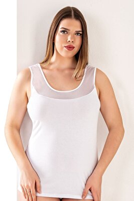 Özkan 20575-bb Beyaz Kadın Büyük Beden Pamuklu Likralı Tül Detaylı Kalın Askılı Havuz Yaka Atlet ürün fotoğrafı