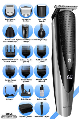 Drive Led Ekranlı Islak Kuru Ipx7 Taşıma Çanta Hediyeli 15 In 1 Full Standlı Erkek Bakım Seti Kiti ürün fotoğrafı