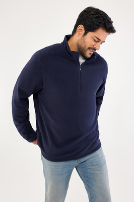 Erkek Lacivert Anti-pilling Tüylenme Yapmayan Standart Fit Bato Yaka Soğuk Geçirmez Polar Sweatshirt ürün fotoğrafı