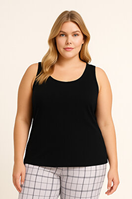 Siyah Pamuklu Büyük Beden Kalın Askılı Kadın Atlet ürün fotoğrafı