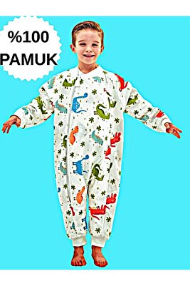 Elyafsız Organik Kışlık Uzun Kol Çift Kat %100 Pamuk Pazen Dinozorlu Cocuk Bebek Uyku Tulumu ürün fotoğrafı