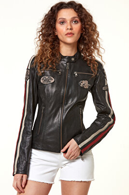 Ladyracer Kadın Siyah Armalı Spor Deri Mont 20WGD589851 ürün fotoğrafı