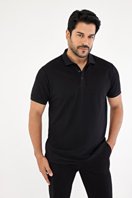 Erkek Çekmeyen Pamuklu Kumaş Slim Fit Dar Kesim Simsiyah Kıvrılmaz Polo Yaka T-shirt ürün fotoğrafı