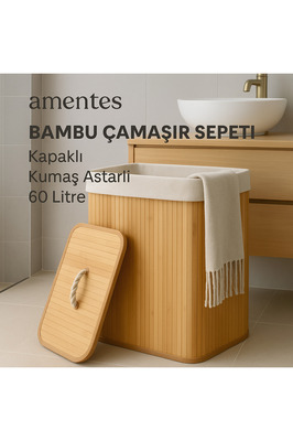 El Yapımı Bambu Katlanabilir Çamaşır Sepeti ürün fotoğrafı