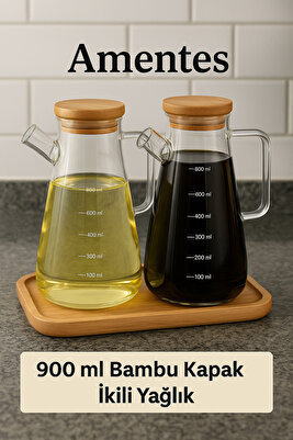 Bambu Kapaklı Vakumlu Borosilikat 3'lü Set Cam Yağlık Sirkelik Bambu Altlık ürün fotoğrafı