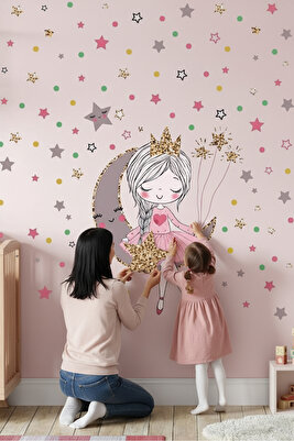 Ayda Oturan Sevimli Kız Ve 140 Adet Yıldız Ve Puantiyeler Kız Çocuk Odası Duvar Sticker Seti ürün fotoğrafı