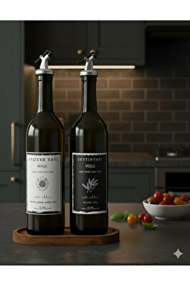 SB Oval Ahşap Stantlı Amber 2'li 750 ml Zeytinyağı Sıvıyağ Şişesi Yağdanlık yağlık cam ürün fotoğrafı